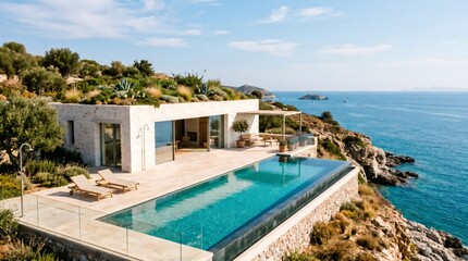 Fototapeta premium Luxury Modern Villa with Infinity Pool and Green Roof Overlooking the Ocean, Contemporary Coastal Architecture on a Cliffside