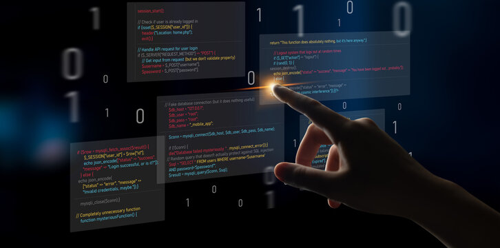 Unsecure and buggy programming code filled with errors and strange logic. Code contains insecure queries, broken validation, weird functions, and programming flaws for demonstration. Latch