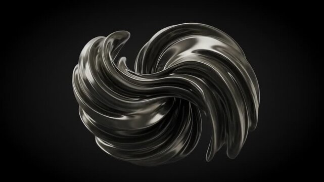 A gray metallic swirling sculpted shape against a dark featureless background