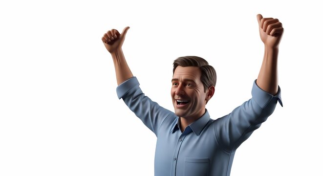 Man celebrates with thumbs up against white backdrop copy space