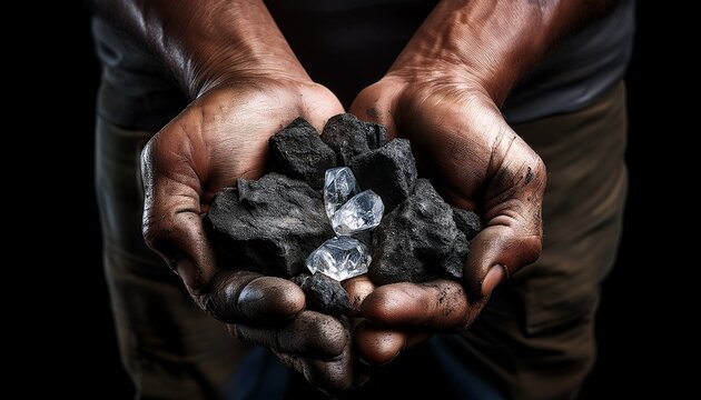 dirty hands hold rough coal pieces with small clear diamonds symbolizes raw resources hard labor and the value extracted from earth highlights mineral mining struggle