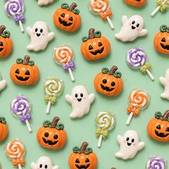 Fototapeta premium Cute Halloween seamless pattern with 3D glossy jack o lantern pumpkins, friendly ghosts, and colorful lollipops on a light green background