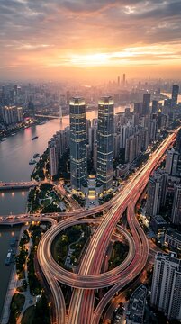 Aerial View of a Dense Modern City with Elevated Interchanges at Sunset.
