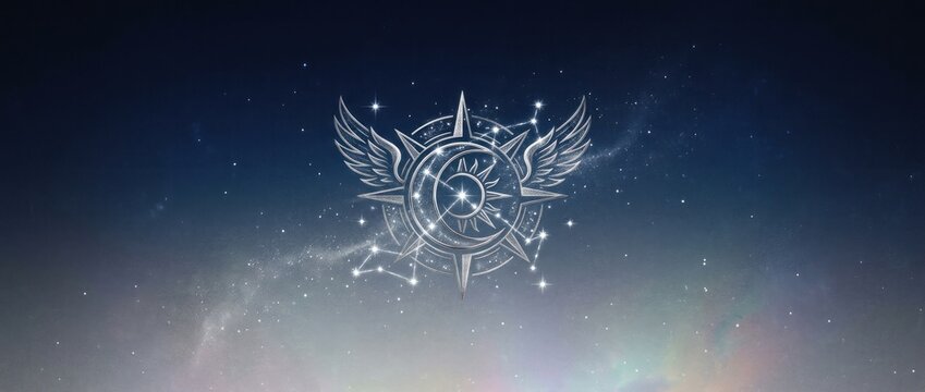 Celestial winged compass emblem floating in starry deep space.