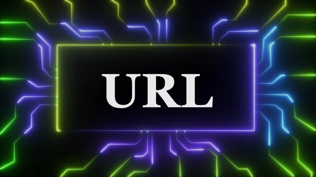 Dynamic digital url text animation featuring glowing neon circuit board patterns and futuristic cybernetic data flow lines in vibrant blue and green colors for high-tech web development presentations