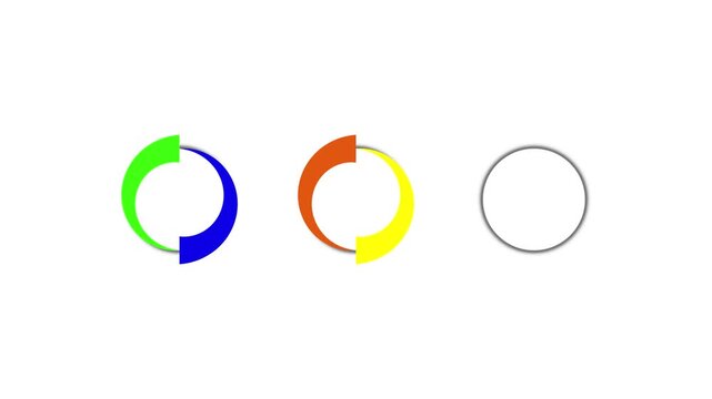 Animated colorful segmented rings rotating around three white circles on a white background. Great for infographics, loading animations, or clean presentation steps.