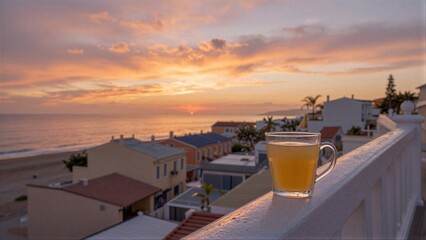 Fototapeta premium Sunset paints sky in warm hues above quiet residential buildings with tiled roofs.