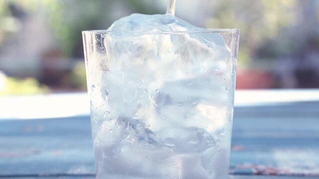 ガーデンテーブルの上で炭酸水を注ぐ
