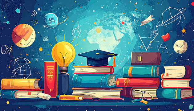 Pixel art illustration of education and knowledge, books, graduation cap, lightbulb, planets, stars, and mathematical formulas in a cosmic background