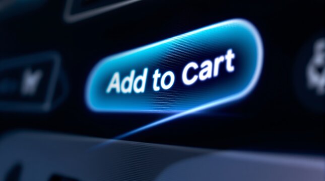 Close-up of glowing blue Add to Cart button on dark ecommerce website