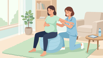 Fototapeta premium Pregnant Woman Doing Exercise with Midwife on Birth Ball in Home