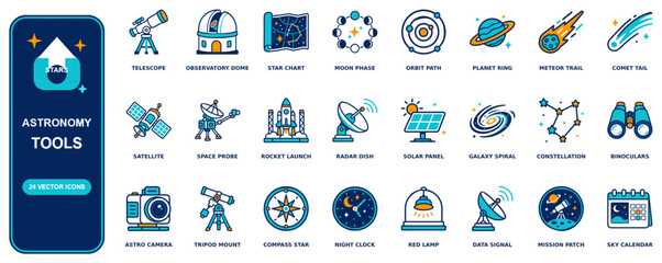 Astronomy flat icon set - 24 vector line icons: telescope, observatory dome, star chart, moon phase, orbit path, planet ring, meteor trail, comet tail, satellite, space probe, rocket launch © wanjae