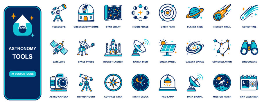 Astronomy flat icon set - 24 vector line icons: telescope, observatory dome, star chart, moon phase, orbit path, planet ring, meteor trail, comet tail, satellite, space probe, rocket launch
