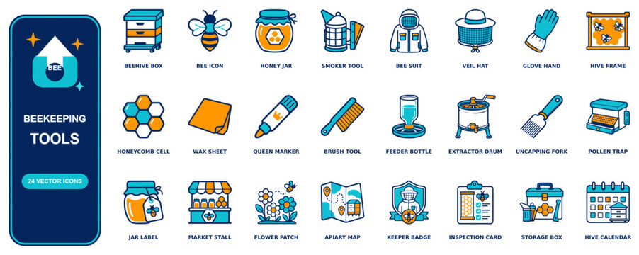 Beekeeping flat icon set - 24 vector line icons: beehive box, bee, honey jar, smoker, bee suit, veil hat, glove hand, hive frame, honeycomb cell, wax sheet, queen marker, brush, feeder bottle