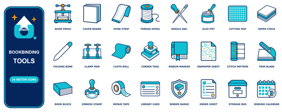 Bookbinding flat icon set - 24 vector line icons: book press, cover board, spine strip, thread spool, needle awl, glue pot, cutting mat, paper stack, folding bone, clamp pair, cloth roll, corner