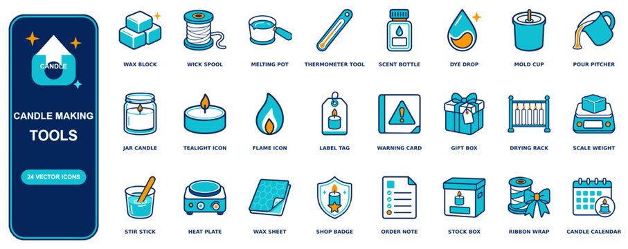Candle Making flat icon set - 24 vector line icons: wax block, wick spool, melting pot, thermometer, scent bottle, dye drop, mold cup, pour pitcher, jar candle, tealight, flame, label tag