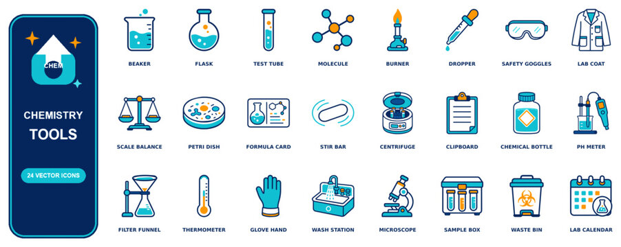Chemistry flat icon set - 24 vector line icons: beaker, flask, test tube, molecule, burner, dropper, safety goggles, lab coat, scale balance, petri dish, formula card, stir bar, centrifuge