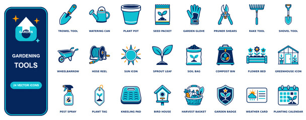 Gardening flat icon set - 24 vector line icons: trowel, watering can, plant pot, seed packet, garden glove, pruner shears, rake, shovel, wheelbarrow, hose reel, sun, sprout leaf, soil bag © wanjae