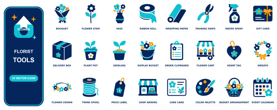 Florist flat icon set - 24 vector line icons: bouquet, flower stem, vase, ribbon roll, wrapping paper, pruning snips, water spray, gift card, delivery box, plant pot, seedling, display bucket
