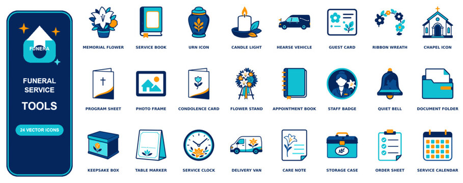 Funeral Service flat icon set - 24 vector line icons: memorial flower, service book, urn, candle light, hearse vehicle, guest card, ribbon wreath, chapel, program sheet, photo frame