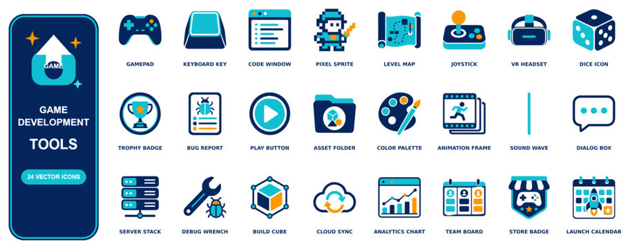 Game Development flat icon set - 24 vector line icons: gamepad, keyboard key, code window, pixel sprite, level map, joystick, vr headset, dice, trophy badge, bug report, play button, asset folder