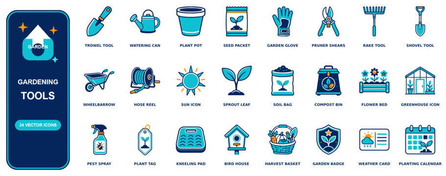 Gardening flat icon set - 24 vector line icons: trowel, watering can, plant pot, seed packet, garden glove, pruner shears, rake, shovel, wheelbarrow, hose reel, sun, sprout leaf, soil bag