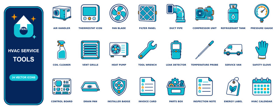 Hvac Service flat icon set - 24 vector line icons: air handler, thermostat, fan blade, filter panel, duct pipe, compressor unit, refrigerant tank, pressure gauge, coil cleaner, vent grille