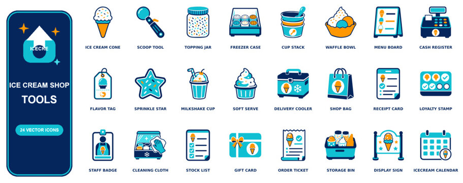 Ice Cream Shop flat icon set - 24 vector line icons: ice cream cone, scoop, topping jar, freezer case, cup stack, waffle bowl, menu board, cash register, flavor tag, sprinkle star, milkshake cup