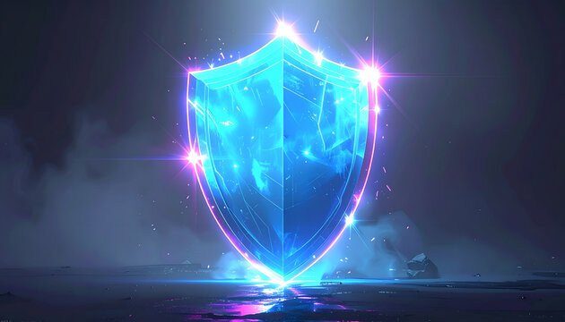 Glowing Blue Energy Shield Protection Symbol with Neon Lights.