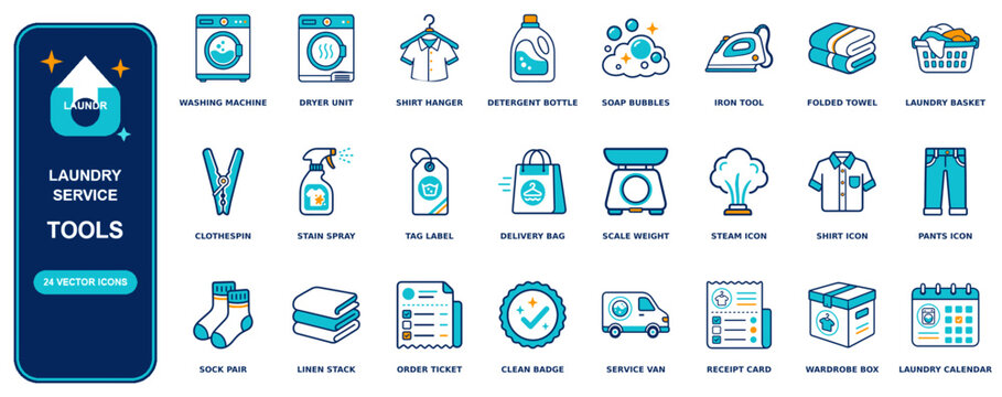 Laundry Service flat icon set - 24 vector line icons: washing machine, dryer unit, shirt hanger, detergent bottle, soap bubbles, iron, folded towel, laundry basket, clothespin, stain spray