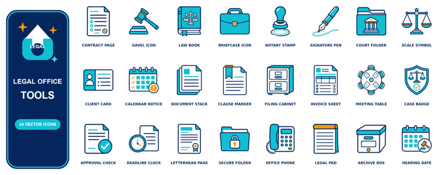 Legal Office flat icon set - 24 vector line icons: contract page, gavel, law book, briefcase, notary stamp, signature pen, court folder, scale symbol, client card, calendar notice, document stack