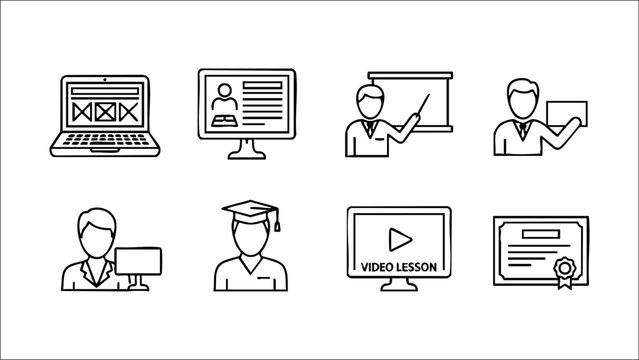 Online Education Outline Icons &ndash; E-Learning Vector Icon Set