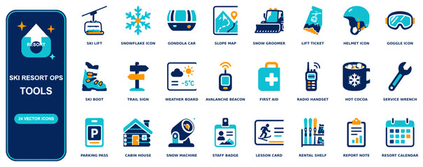 Ski Resort Ops flat icon set - 24 vector line icons: ski lift, snowflake, gondola car, slope map, snow groomer, lift ticket, helmet, goggle, ski boot, trail sign, weather board, avalanche beacon © wanjae