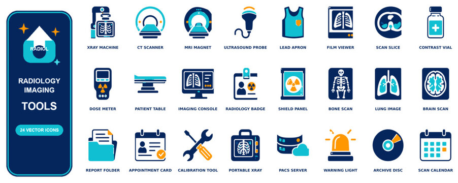 Radiology Imaging flat icon set - 24 vector line icons: xray machine, ct scanner, mri magnet, ultrasound probe, lead apron, film viewer, scan slice, contrast vial, dose meter, patient table