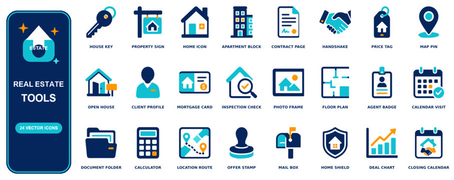 Real Estate flat icon set - 24 vector line icons: house key, property sign, home, apartment block, contract page, handshake, price tag, map pin, open house, client profile, mortgage card