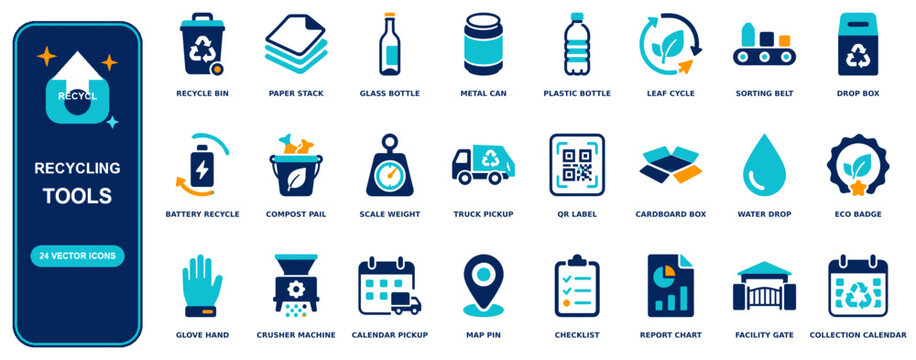 Recycling flat icon set - 24 vector line icons: recycle bin, paper stack, glass bottle, metal can, plastic bottle, leaf cycle, sorting belt, drop box, battery recycle, compost pail, scale weight