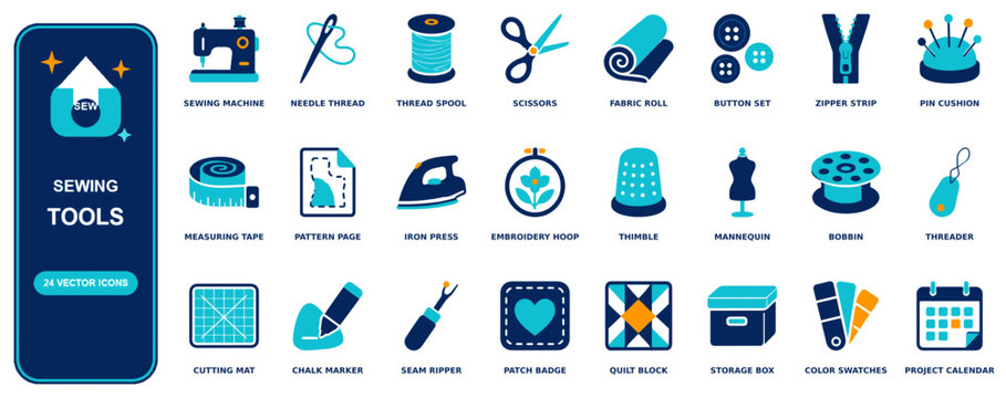 Sewing flat icon set - 24 vector line icons: sewing machine, needle thread, thread spool, scissors, fabric roll, button set, zipper strip, pin cushion, measuring tape, pattern page, iron press