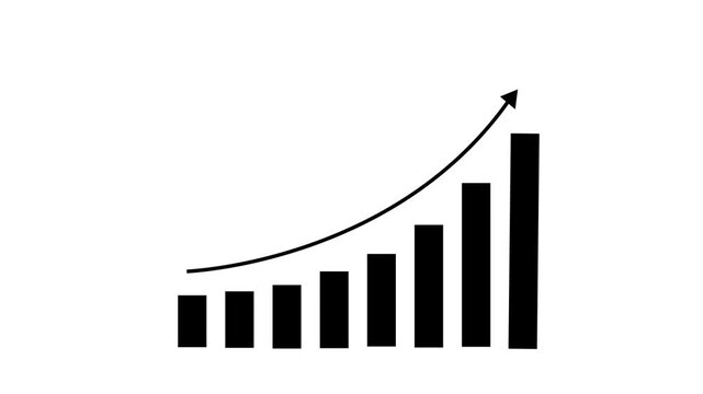 Animated bar chart showing exponential business growth and financial success with rising arrow trend line, corporate presentations, marketing analytics, and economic reporting data