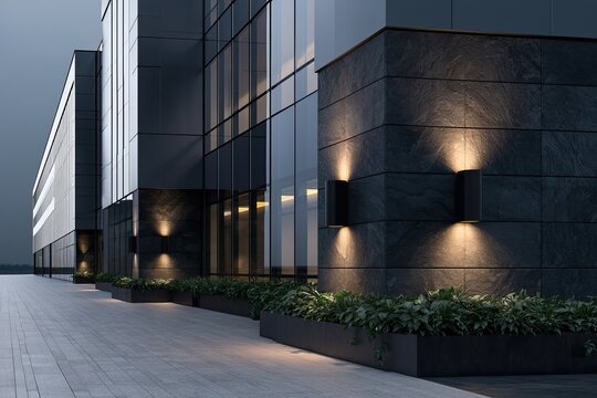 Modern building exterior with uplighting and planters at dusk