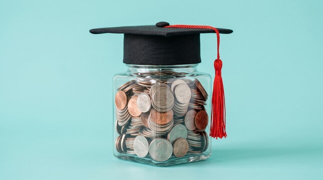 Education Savings Concept with Graduation Cap on Jar Full of Coins