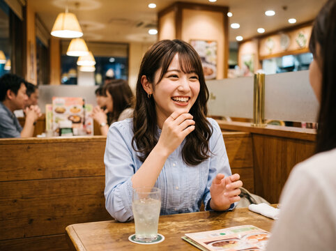 夜のファミレスでドリンクを前に楽しそうに談笑する女性