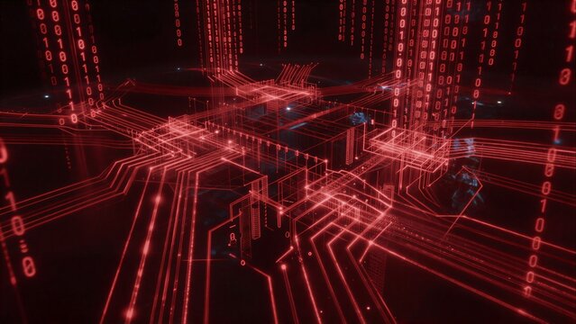 Red binary code streams through futuristic circuitry, glowing in a digital realm.