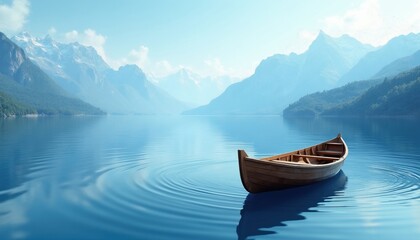 Obraz premium Wooden boat drifts on calm blue water. Mountains rise in background under clear sky. Scene evokes peace, nature, and journey. Minimalist art style with smooth reflections.