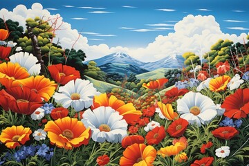 Obraz premium Flower field landscape outdoors painting.