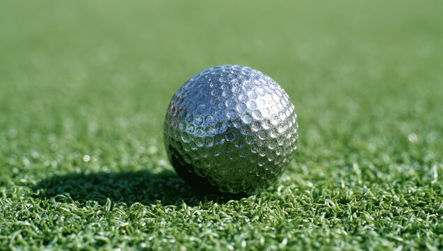 A textured metallic golf ball rests on a green, artificial turf surface