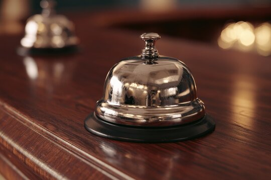 Polished metal bell on polished wood surface, beckoning service