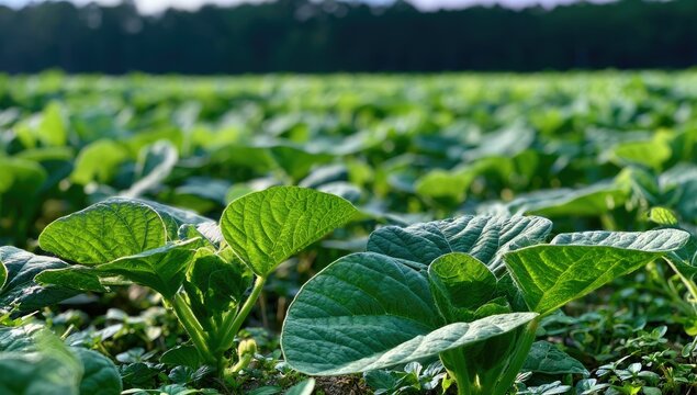 Lush green plants unfurl their leaves in a sunlit field