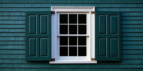 Obraz premium Teal house with white window and green shutters
