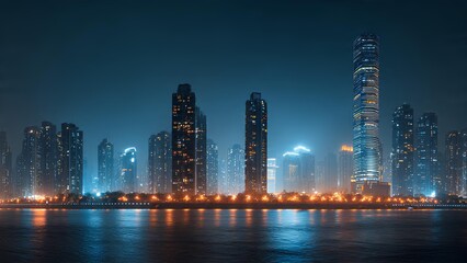 Obraz premium A stunning nighttime cityscape featuring illuminated skyscrapers reflecting on the calm water.