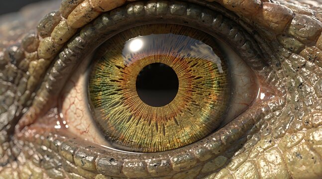 Macro view of a predatory dinosaur eye and scaly skin texture
